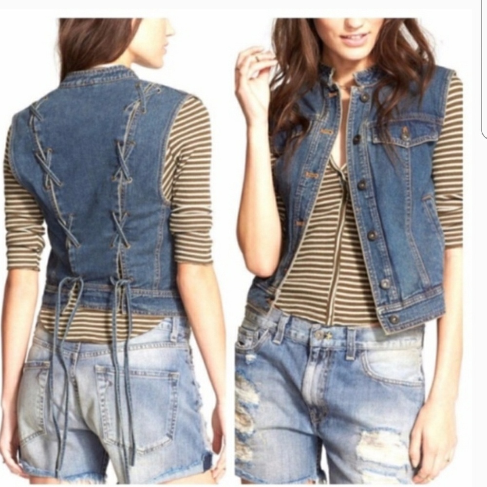FREE PEOPLE DENIM BLUE LACE UP VEST S
